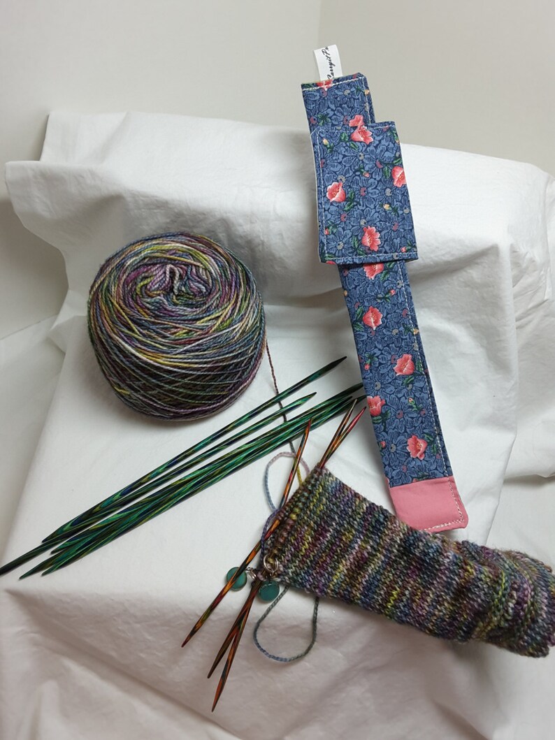 Field of blue with pink flowers double pointed needle holder for your work in progress