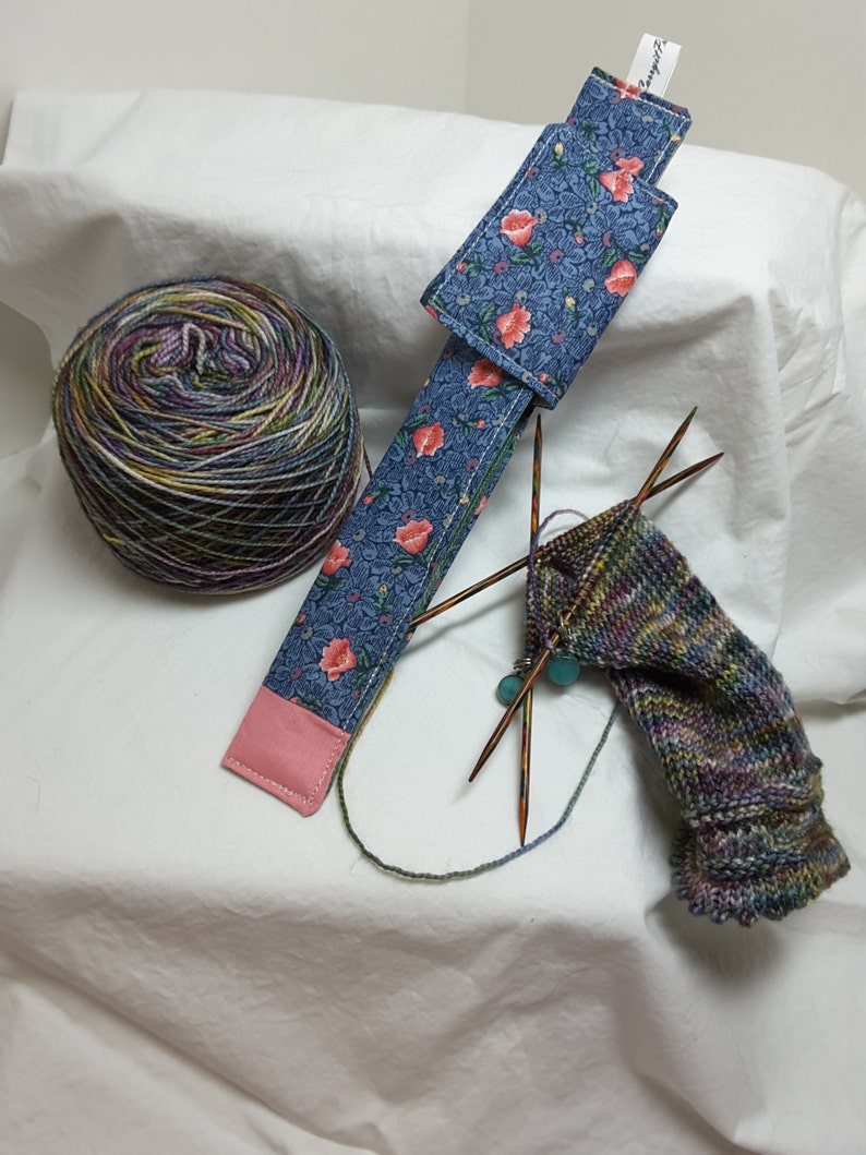 Field of blue with pink flowers double pointed needle holder for your work in progress