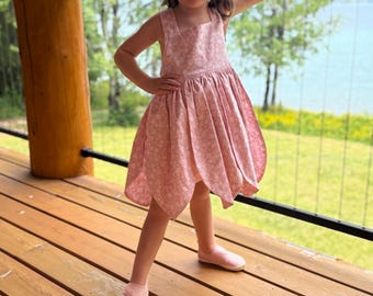 Pink Whimsical Flower Petal Dress for Girls, Lined Bodice, Adjustable Back, Layered Skirt