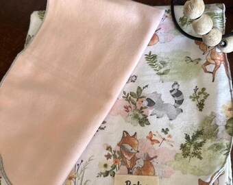 100% Cotton Flannel Baby Blanket with Forest Friends Print and Matching Burp Cloth