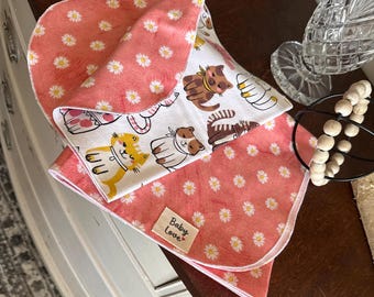 Daisy Cat Flannel Baby Blanket with Matching Burp Cloth – 100% Cotton Receiving Set