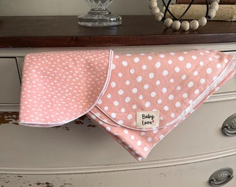 Flannel Blanket and Burp Cloth Set: Peachy Polka Dot Baby Essentials. 100% cootton