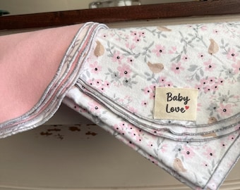 Flannel Baby Blanket with Pink Flowers and Birds – Includes Matching Burp Cloth. 100% Cotton