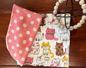 Flannel Baby Blanket Set – Kitty Daisy Receiving Blanket, Burp Cloth Included. 100% Cotton