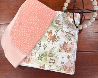 100% Cotton Flannel Baby Blanket with Forest Friends Print & Matching Burp Cloth