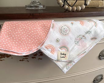 Flannel Baby Blanket with Rainbows and Moonbeams – Matching Burp Cloth Included. 100% Cotton