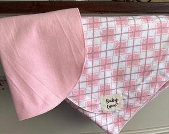 Pink Argyle Flannel Blanket and Burp Cloth Set. 100% Cotton