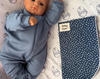 Blue waffle weave pajama.  Blanket and burp cloth purchsed separatly