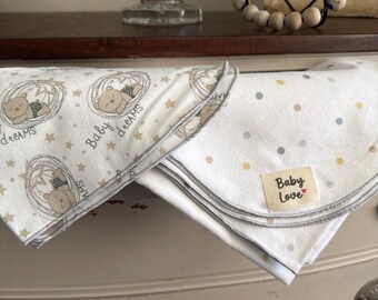 Baby Dream Bear Flannel Blanket and Burp Cloth Set – Gender Neutral Swaddle, 100% Cotton