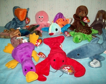 Ty Beanie Babies Vintage Collectibles - Ocean Collection, Inky, Patti, Pinchers, Seaweed, Lips, Jolly, and more.  Retired, Mint Condition