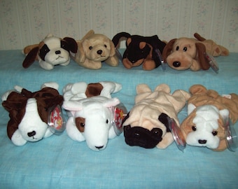 Ty Beanie Babies Vintage Collectibles - Dogs #2, Bones, Bruno, Bernie, Fetch, Doby, Bernie, Pugsly, or Wrinkles.  Retired, Mint Condition