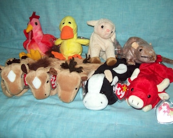 Ty Beanie Babies Vintage Collectibles - Farm Animals, Daisy, Derby, Ewey, Quackers, Snort, Strut, and more.  Retired, Mint Condition