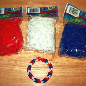 Rainbow Loom® Authentic Rubber Bands, Red, White & Blue - Set of 3 Packages of 600 Bands with 24 C-Clips with Free Bracelet. 4th of July