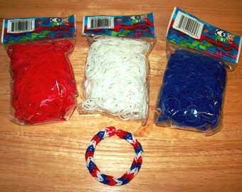 Rainbow Loom® Authentic Rubber Bands, Red, White & Blue - Set of 3 Packages of 600 Bands with 24 C-Clips with Free Bracelet. 4th of July