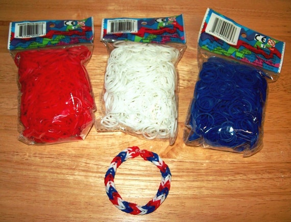 Rainbow Loom® Authentic Rubber Bands, Red, White & Blue Set of 3 Packages  of 600 Bands With 24 C-clips With Free Bracelet. 4th of July 
