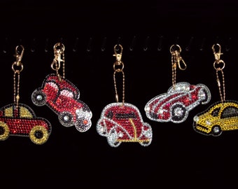 Diamond Art Keychain, Cars, Completed Double-sided Key Chain, Bag or Pkg Decoration.  Your choice of car design.  Fast shipping