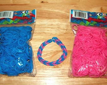 Rainbow Loom® Authentic Rubber Bands, Ocean Blue and Pink - Set of Two 600-Band Packages with 24 C-Clips and a FREE BRACELET!