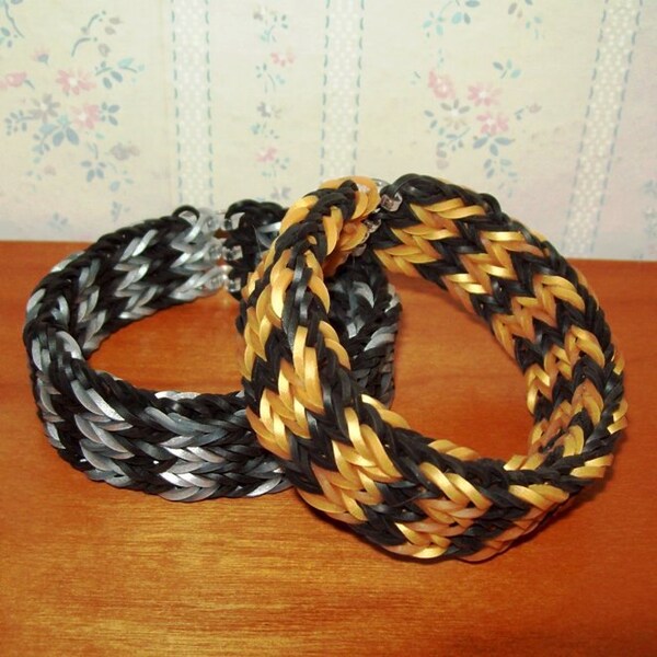 Rainbow Loom All Around Cuff Triple Single Fancy Fishtail Bracelet in Black, Gold, and Silver.  SAVE with multiple purchase discount.