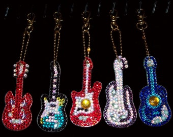 Diamond Art Keychain, Guitars, Completed Double-sided Key Chain, Bag or Pkg Decoration.  Your choice of guitar design.  Fast shipping