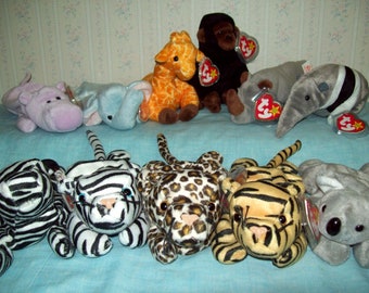 Ty Beanie Babies Vintage Collectibles - Jungle Animals, Blizzard, Congo, Happy, Peanut, Twigs, Ziggy, and more.  Retired, Mint Condition