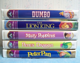 Vintage Disney VHS Movies, Masterpiece Collection, Dumbo, The Lion King, Mary Poppins, Pete's Dragon, or Peter Pan, Clamshell Cases