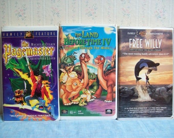 Vintage Children's VHS Movies, The Pagemaster, Land Before Time IV, or Free Willy, Clamshell Cases