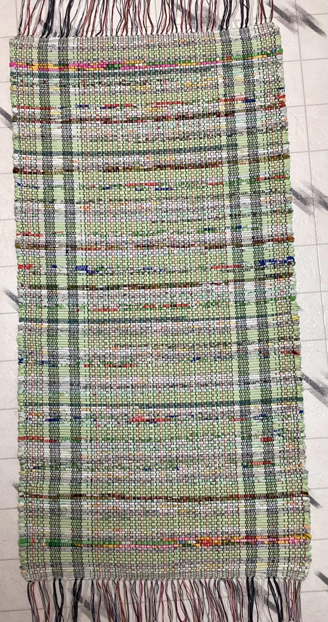 Hand Woven Rag Rug 50”x26” Green White Red Gold Orange Pink Blues ...