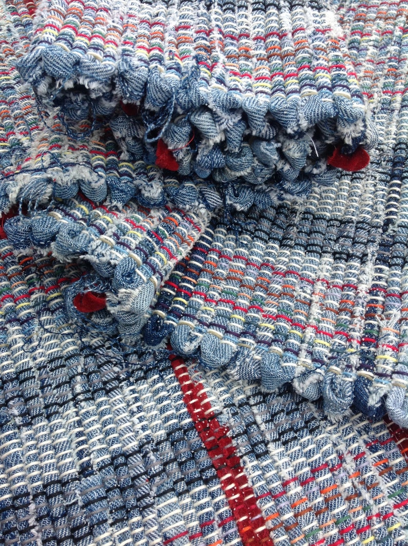 Woven Denim Rag Rug With Dark Copper Accents 54 X Image 0