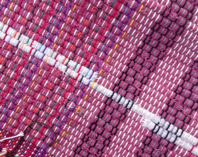 Wine Burgundy off White Rag Rug 44 X 26 Hand Woven From Repurposed