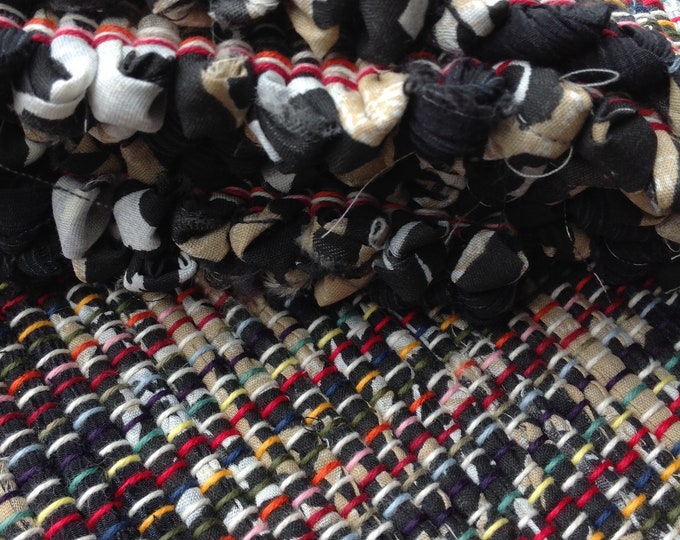 Black Tan Cream Rag Rug 53 X 26 Hand Woven From Animal Print Sheets