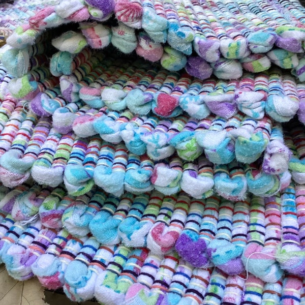 Flannel rag rug 66”x26" hand woven white purples blue pink green rustic cabin cottage country kitchen machine washable throw rug fringes#14