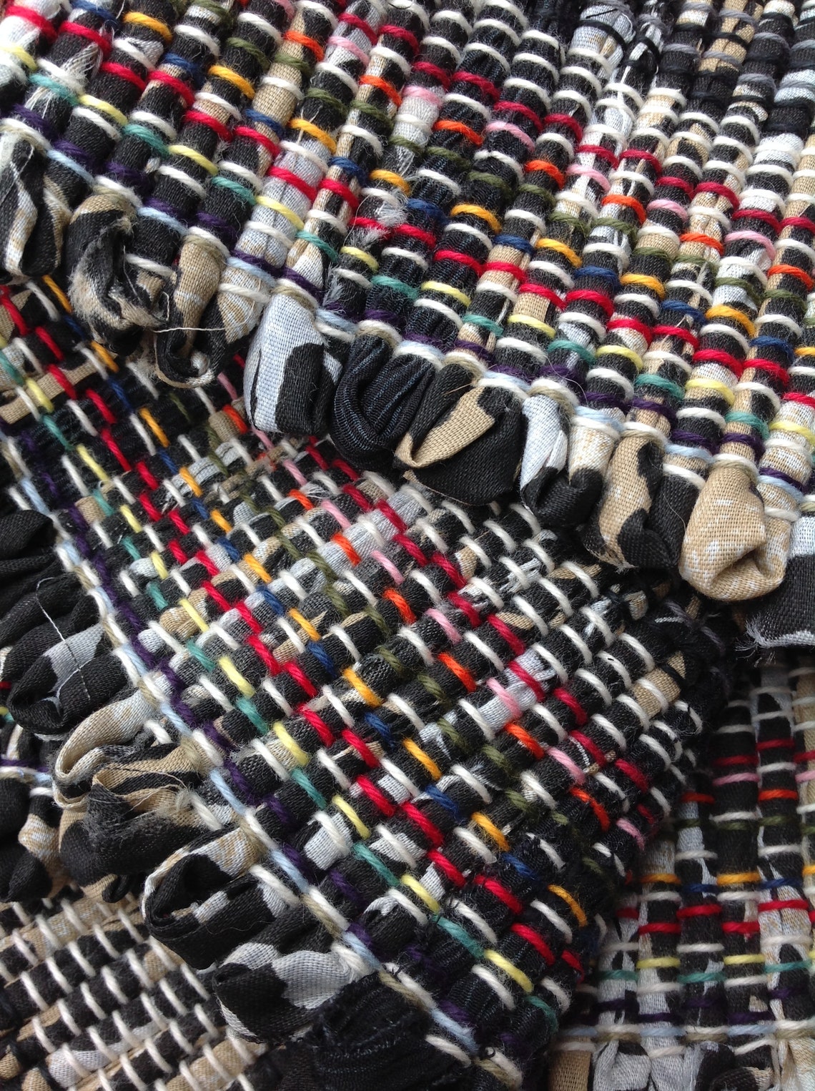 Black Tan Cream Rag Rug 53 X 26 Hand Woven From Etsy