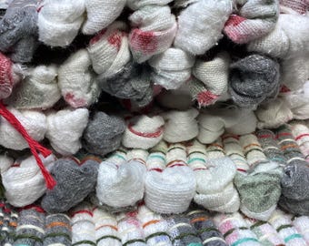 Rag rug 52”x26" handwoven white ash gray reds blue rustic cabin cottage chic country kitchen machine washable throw rug fringes#113