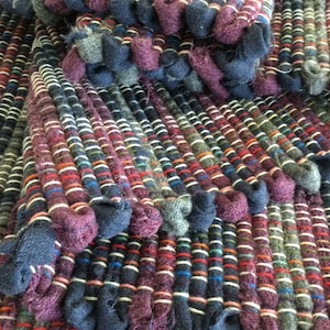 Wool rag rug 59”x26&quot; hand woven navy plum charcoal rustic cabin cottage country kitchen machine washable throw rug fringes #65