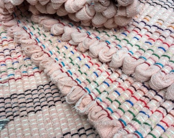 Rag rug 38"x26 hand woven pink repurposed bedspread rustic cabin country cottage farmhouse decor machine washable throw rug fringes#135