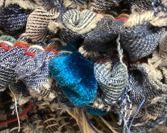Denim rag rug 73”x26" hand loomed denim with cobalt blue accents rustic cabin cottage country kitchen machine washable throw rug fringes#123