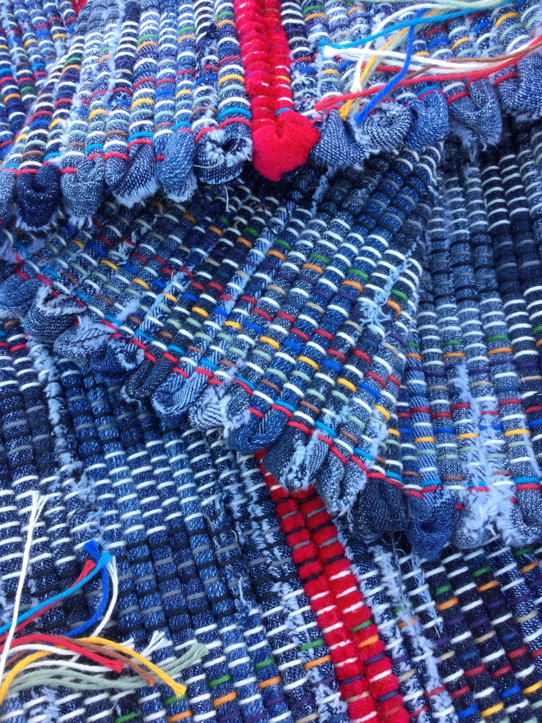 Denim Rag Rug 30x26 Hand Woven Denim Red Borders Rustic Cabin Etsy