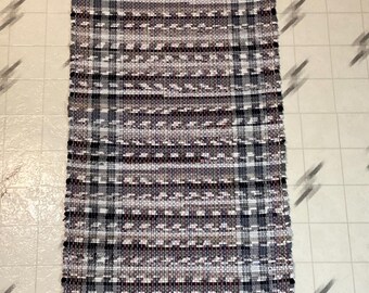 Rag rug 70”x26" hand woven grays black white greige grey rustic cabin cottage country kitchen machine washable throw rug fringes#58