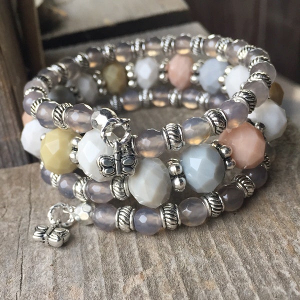 Pale Pastel Butterflies Multi Strand Memory Wire Wrap Bracelet With Mini Butterfly Charms