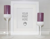 Vertical White Frame on White Desk with Two Purple Candles, Designed and Staged Photography with Product Styling, Digital Stock Image #5938