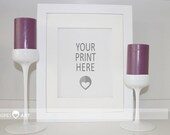 Vertical White Frame on White Desk with Two Purple Candles, Designed and Staged Photography with Product Styling, Digital Stock Image #5938