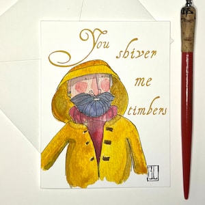 Sou'wester Sam, Acuarela original caprichosa, Cariño opcional, Tarjeta de notas en blanco, Nota de San Valentín peculiar, Cantante de Sea Shanty, Tarjeta crujiente