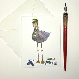Oliver the Gull, cartão de nota em branco, aquarela original caprichosa, gaivota, pássaro Sea Shanty, cartão para todas as ocasiões, sardinhas, limpador de piquenique,