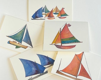 Set of 5 blank cards featuring watercolor images different types of sailboats. Perfect for all occasion notes, thank you's, and more.