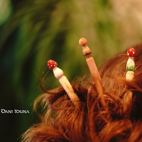 Wooden Hairpin, Hand-Carved Mushroom/Amanita Hair Stick, Gemstone Hair Jewelry, Cottagecore & Fairycore Gift