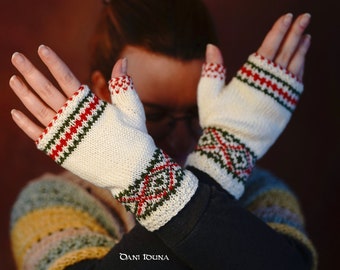 Fingerless gloves, Mittens in cream green red, fingerless wool cuffs