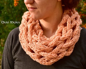 Peach coloured collar scarf, Infinity scarf knitted, Winter scarf Wool