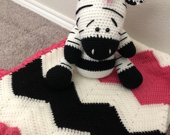 Pink, Black and White Crocheted Blanket with Matching Stuffed Zebra