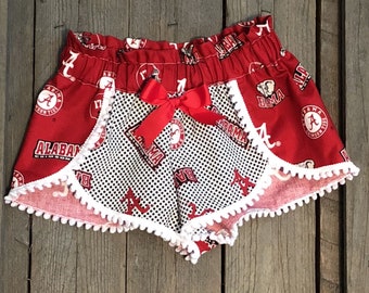 Red, Black and White College Football Pom Pom Shorts