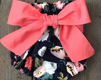Navy Pink and Coral Bloomers with Big Coral Bow